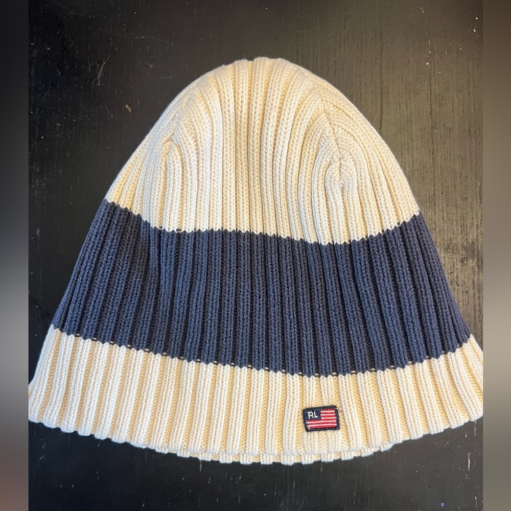 GUC Vintage Polo Ralph Lauren polo USA flag winter beanie tan and navy